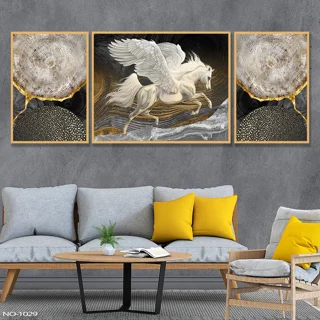 تابلو دکوراتیو مدرن سه تیکه «اسب بالدار و آبستره طبیعت »